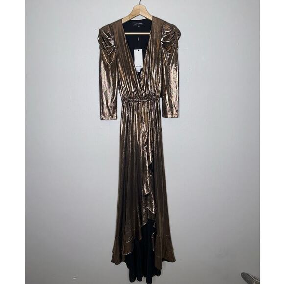 Retrofete NWT Flora Metallic Jersey Midi Wrap Dress in Bronze V-Neck Size XS - Picture 3 of 11